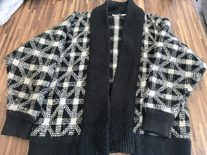 Avon Fashions Womens Black White Plaid Chunky Knit Shawl Collar Cardigan Pockets